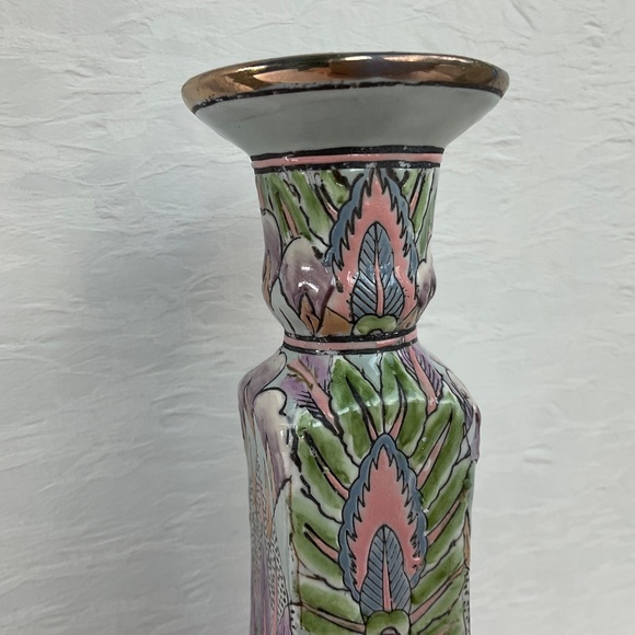 Vintage Chinoiserie Candle Holders Pastel Textured Boho Decor - One Pair (2) - Picture 8 of 13
